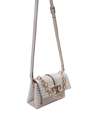 Silver & Polo SP1148 Kadın Çapraz Çanta Ekose Line Kare Kum Beji