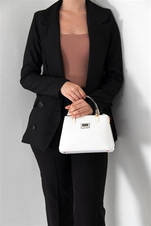 Silver & Polo SP987 Kadın El Çantası Logolu Beyaz-Beyaz