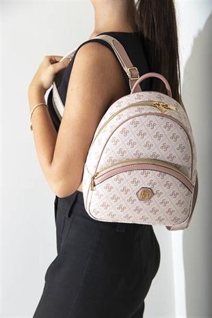 Silver & Polo SP945 Kadın Sırt Çantası Monogram Pembe-Somon