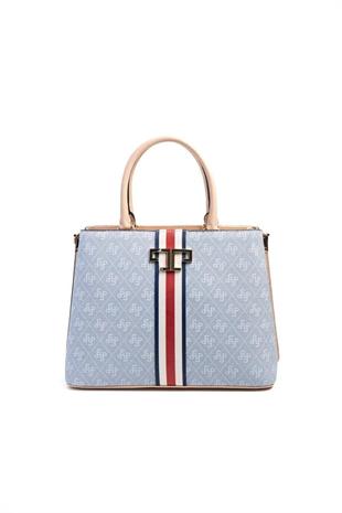 Silver & Polo SP924 Kadın El Çantası Şeritli Monogram Mavi-Ten