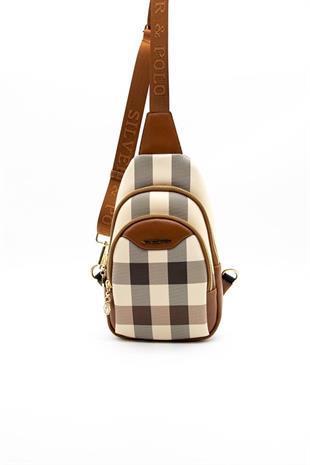 Silver & Polo SP959 Kadın Vücut Çantası Ekose Krem-Taba