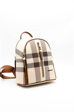 Silver & Polo SP901 Kadın Sırt Çantası Ekose Krem-Taba