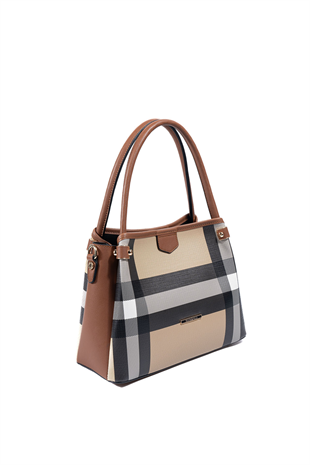 Silver & Polo SP1254 Kadın El Çantası Ekose Bej-Taba