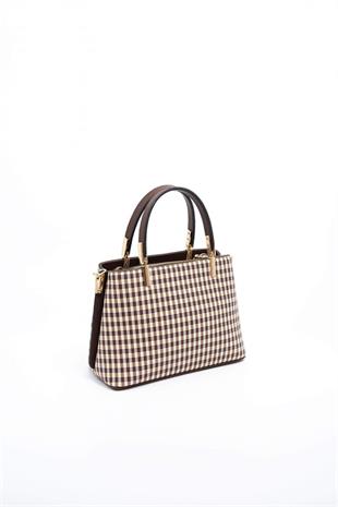 Silver & Polo SP987 Kadın El Çantası Ekose Line Kare Kahve Sarı-Kahve