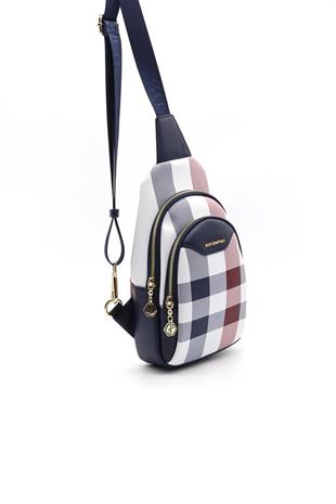 Silver & Polo SP959 Kadın Vücut Çantası Ekose Beyaz-Lacivert