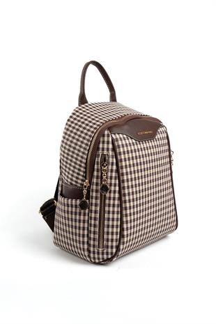 Silver & Polo SP906 Kadın Sırt Çantası Ekose Line Kare Kahve Sarı-Kahve