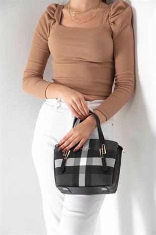 Silver & Polo SP1021 Kadın El Çantası Ekose Siyah-Siyah
