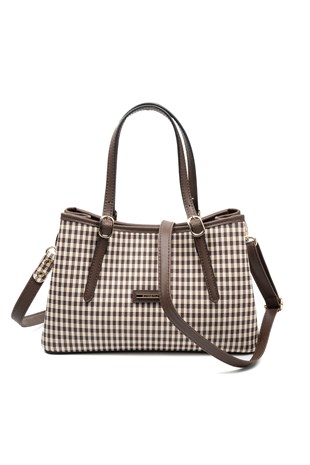 Silver & Polo SP1252 Kadın El Çantası Ekose Line Kare Kahve Sarı-Kahve