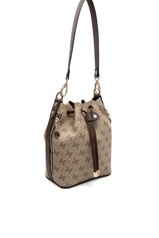 Silver Polo SP1137 Kadın Omuz Çantası Monogram Koyu Bej-Kahve