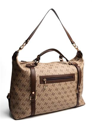 Silver & Polo SP1064 Kadın Seyahat Çantası Monogram Koyubej-Kahve
