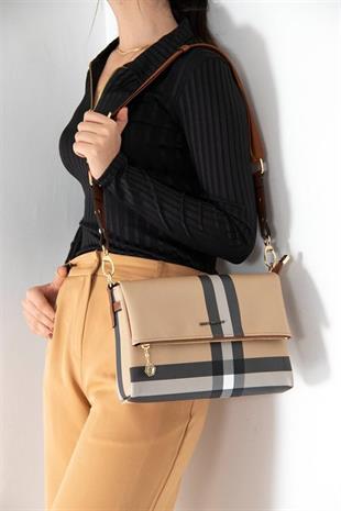 Silver & Polo SP963 Kadın Çapraz Çanta Ekose Bej-Taba