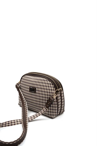 Silver & Polo SP765 Kadın Çapraz Çanta Ekose Line Kare Kahve Sarı-Kahve