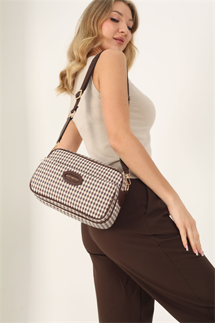 Silver & Polo SP1267 Kadın Çapraz Çanta Ekose Line Kare Kahve Sarı-Kahve
