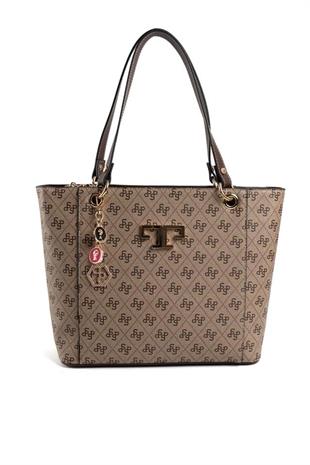 Silver Polo SP1176 Kadın Omuz Çantası Monogram Koyubej-Kahve