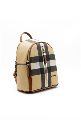 Silver & Polo SP901 Kadın Sırt Çantası Ekose Bej-Taba