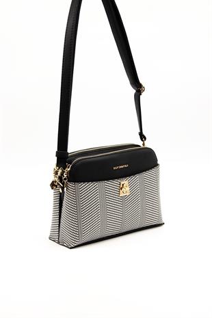 Silver & Polo SP623 Kadın Çapraz Çanta Hasır Siyah Beyaz-Siyah