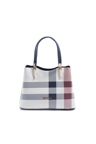 Silver & Polo SP1205 Kadın El Çantası Ekose Beyaz-Lacivert