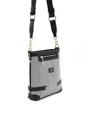 Silver & Polo SP1120 Kadın Çapraz Çanta Hasır Siyah Beyaz-Siyah