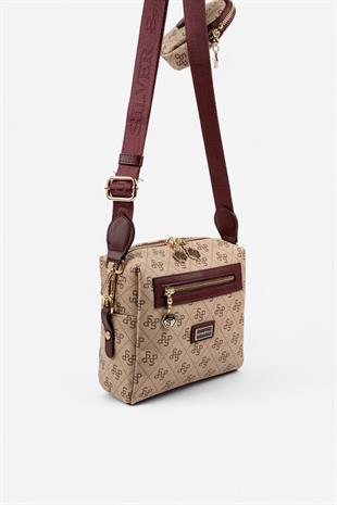 Silver & Polo SP1038 Kadın Çapraz Çanta Monogram Koyu Bej-Bordo
