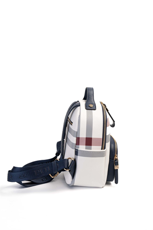 Silver & Polo SP1130 Kadın Sırt Çantası Ekose Beyaz-Lacivert