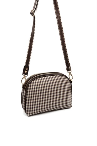 Silver & Polo SP765 Kadın Çapraz Çanta Ekose Line Kare Kahve Sarı-Kahve
