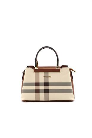 Silver & Polo SP913 Kadın El Çantası Ekose Krem-Taba