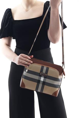 Silver & Polo SP364 Kadın Çapraz Çanta Ekose Bej-Taba