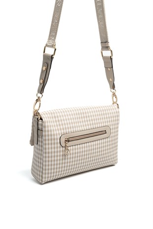Silver & Polo SP963 Kadın Çapraz Çanta Ekose Line Kare Kum Beji-Kum Beji