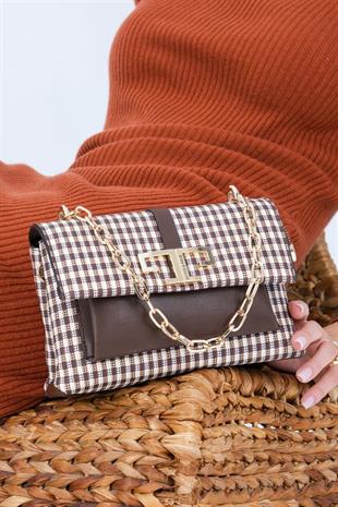 Silver & Polo SP1148 Kadın Çapraz Çanta Ekose Line Kare Kahve Sarı-Kahve