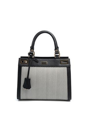 Silver & Polo SP1174 Kadın El Çantası Hasır Siyah Beyaz-Siyah