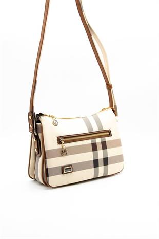 Silver & Polo SP818 Kadın Çapraz Çanta Ekose Krem-Taba
