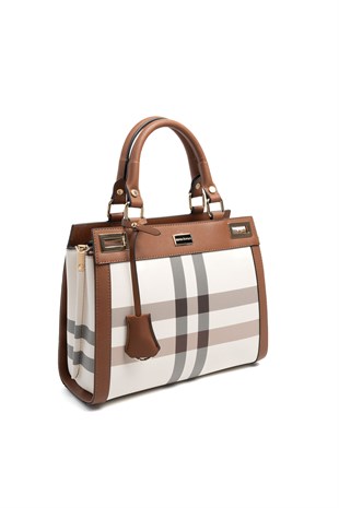 Silver & Polo SP1174 Kadın El Çantası Ekose Krem-Taba