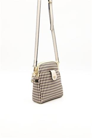 Silver & Polo SP1157 Kadın Çapraz Çanta Ekose Line Kare Kahve Sarı-Bej