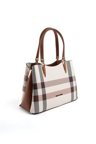 Silver & Polo SP1205 Kadın El Çantası Ekose Krem-Taba