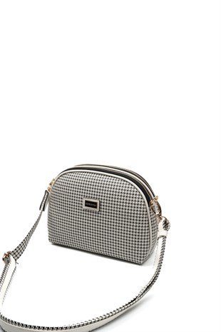 Silver & Polo SP765 Kadın Çapraz Çanta Kaz Ayağı Ekose Siyah-Kemik