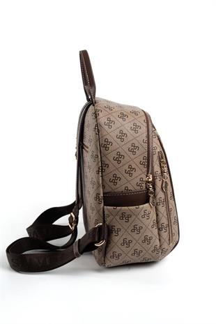 Silver & Polo SP906 Kadın Sırt Çantası Monogram Koyubej-Kahve