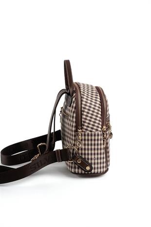 Silver & Polo SP983 Kadın Sırt Çantası Ekose Line Kare Kahve Sarı-Kahve