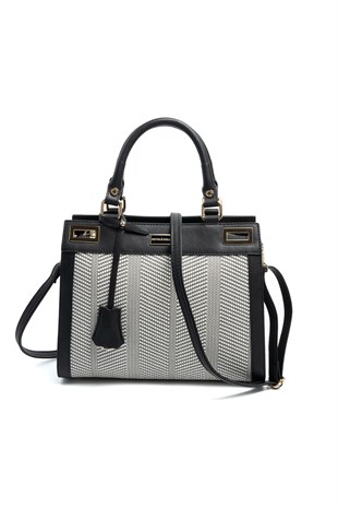 Silver & Polo SP1174 Kadın El Çantası Hasır Siyah Beyaz-Siyah