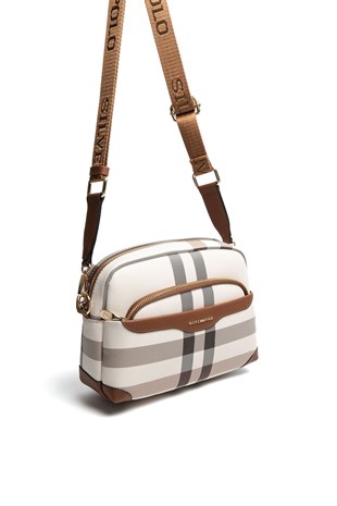 Silver Polo SP1201 Kadın Çapraz Çanta Ekose Krem-Taba