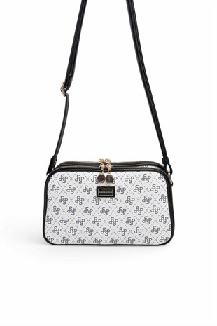 Silver Polo Beyaz - Siyah Monogram Kadın Çapraz Çanta SP899