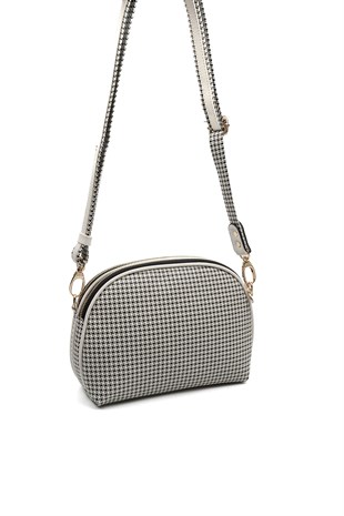 Silver & Polo SP765 Kadın Çapraz Çanta Kaz Ayağı Ekose Siyah-Kemik