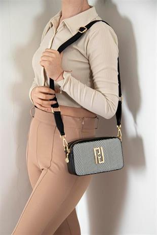 Silver & Polo SP1078 Kadın Çapraz Çanta Hasır Siyah Beyaz-Siyah