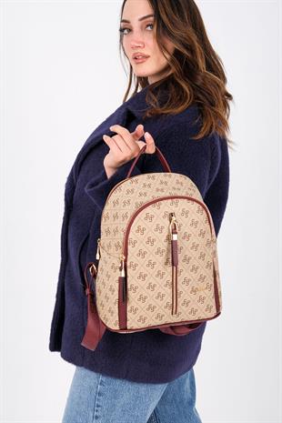 Silver & Polo SP901 Kadın Sırt Çantası Monogram Koyu Bej-Bordo