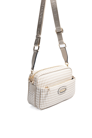 Silver & Polo SP1267 Kadın Çapraz Çanta Ekose Line Kare Kum Beji