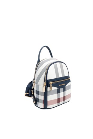 Silver & Polo SP983 Kadın Sırt Çantası Ekose Beyaz-Lacivert