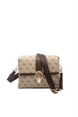 Silver & Polo SP1275 Kadın Çapraz Çanta Monogram Koyu Bej-Kahve