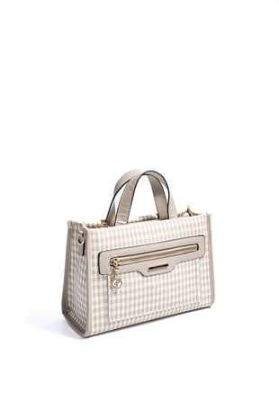 Silver & Polo SP1271 Kadın El Çantası Ekose Line Kare Kum Beji-Kum