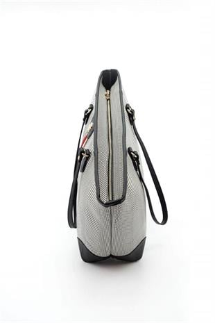Silver Polo SP1169 Kadın Omuz Çantası Şeritli Hasır Siyah Beyaz-Siyah