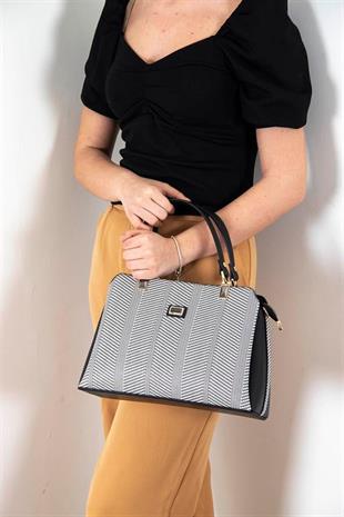 Silver & Polo SP972 Kadın El Çantası Hasır Siyah Beyaz-Siyah