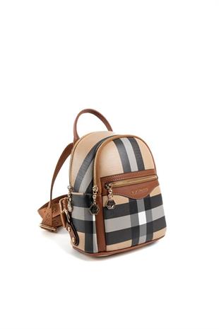 Silver & Polo SP983 Kadın Sırt Çantası Ekose Bej-Taba